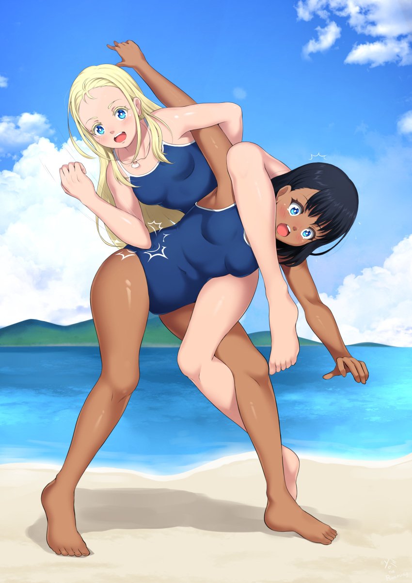 abdominal_stretch catfight dark-skinned_female dark_skin kofune_mio kofune_ushio light-skinned_female light_skin long_hair school_swimsuit sexfight short_hair sisters sukumizu summer_time_render wrestling yuri