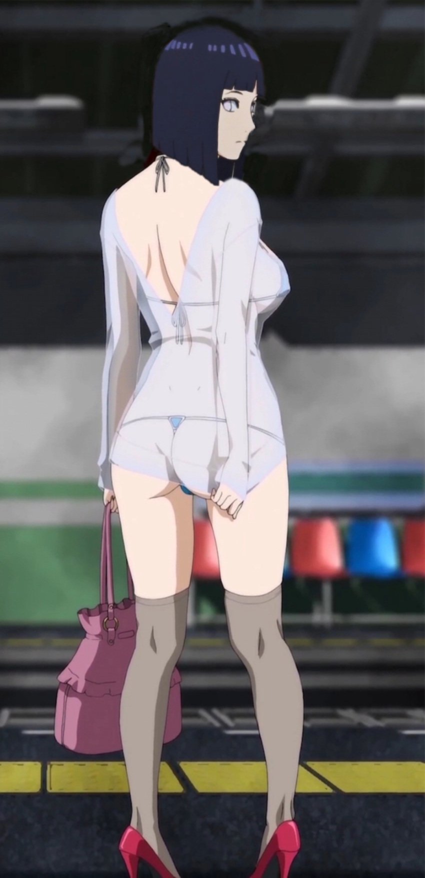 1girls aqua051 ass back back_view bag bikini blue_bikini blue_eyes blue_micro_bikini boruto:_naruto_next_generations breasts emotionless gyatt high_heels hyuuga_hinata legs legwear looking_at_viewer micro_bikini pink_bag red_high_heels see-through see-through_clothing short_hair slut slutty_outfit solo solo_female standing train_station whore