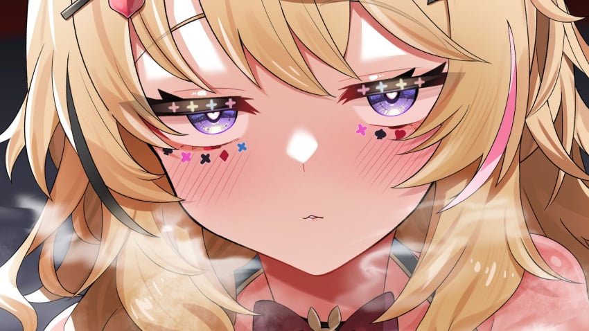 1girls bare_shoulders bedroom_eyes blonde_hair blush bow bowtie close-up commentary_request commission facial_mark female female hair_ornament hairclip half-closed_eyes halter_shirt halterneck heart heart-shaped_pupils highres hololive hololive_gen_5 hololive_japan horny horny_female in_heat long_hair looking_at_viewer multicolored_hair omaru_polka omaru_polka_(1st_costume) parted_lips pink_hair playing_card_theme pov purple_eyes red_bow red_bowtie seductive_smile shoulder_blush skeb_commission smile solo steam steaming steaming_body steamy steamy_breath streaked_hair sui_hi_sf symbol-shaped_pupils traditional_bowtie virtual_youtuber