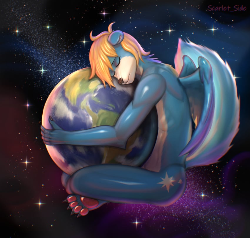 2024 angelic anthro blonde_hair blue_body blue_fur claws closed_eyes digital_media_(artwork) earth femboy fluffy fluffy_tail fur fur_markings genitals guy hair hi_res holding_object in_space macro male male_only mammal markings mephitid nude nude_anthro paws planet scarlet_side skunk solo star tail twink white_body white_fur wings