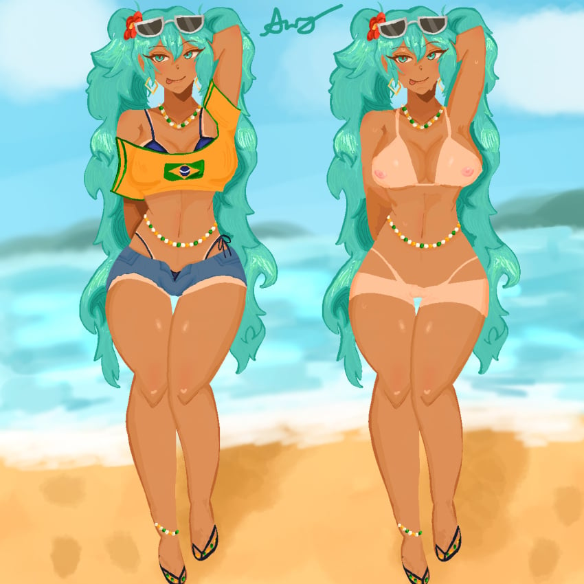 beach big_breasts bikini blue_eyes blue_hair brazil brazilian brazilian_female brazilian_miku hatsune_miku sandals smirk tan_lines tan_skin twintails vocaloid waist_beads