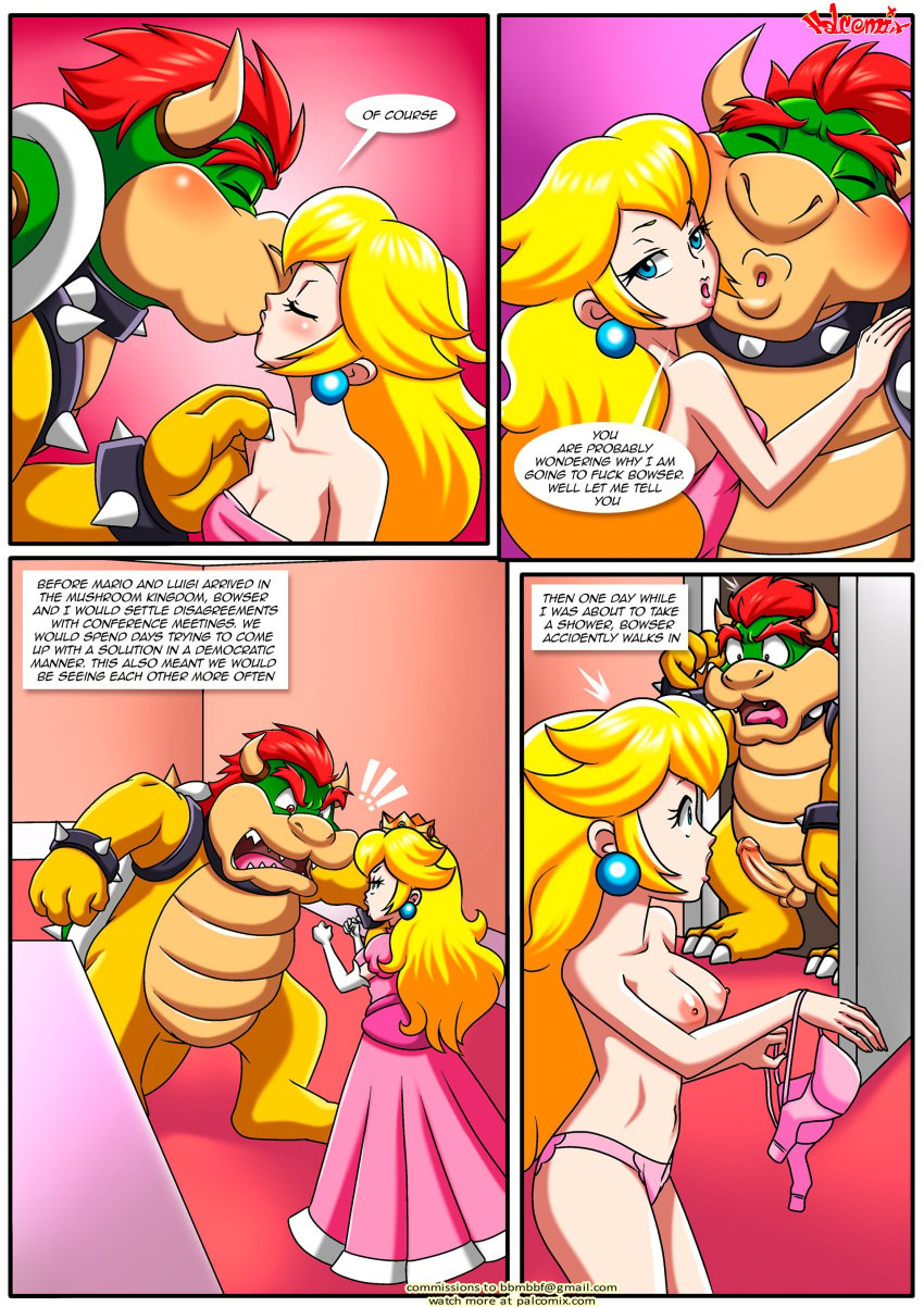 1boy 1girls balls bbmbbf blush bowser breasts comic erection female kissing male male/female mario_(series) nintendo nipples palcomix penis princess_peach the_mushroom_kingdom_secret_(comic)