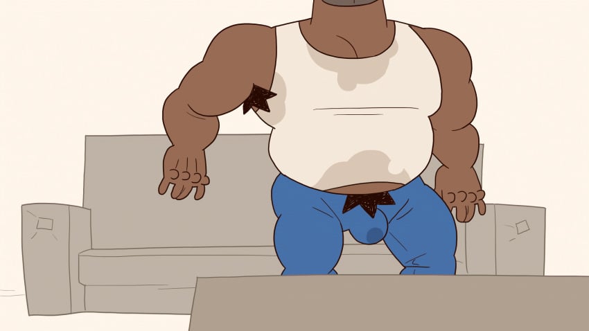 animated balls bulge bunbunny_(artist) clothing facial_hair flaccid fully_clothed gif male male_only moustache penis sitting smallsrabbit solo solo_male sweat_stain