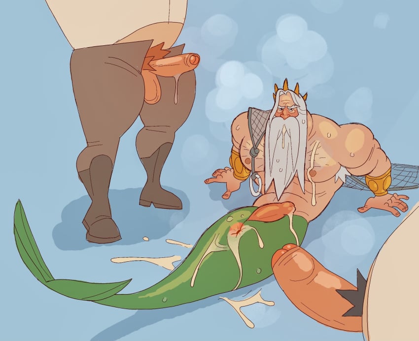 after_anal after_orgasm after_sex balls beard blush boner bunbunny_(artist) cum cum_in_ass erection facial_hair gay king_triton male male_only mermaid merman musk penis penis_out smallsrabbit the_little_mermaid