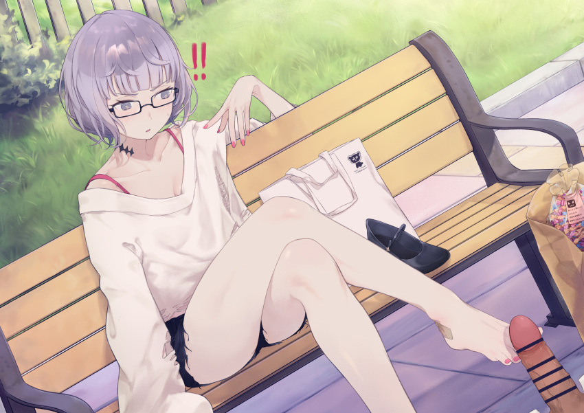 1boy absurdres bag bare_shoulders barefoot bench breasts censored daisi_gi erection fate/grand_order fate_(series) female grey_eyes grey_hair highres jacques_de_molay_(foreigner)_(fate) jacques_de_molay_(foreigner)_(method_to_walk_on_the_stars)_(fate) long_sleeves medium_breasts off-shoulder_sweater off_shoulder open_mouth penis short_hair shorts straight sweater