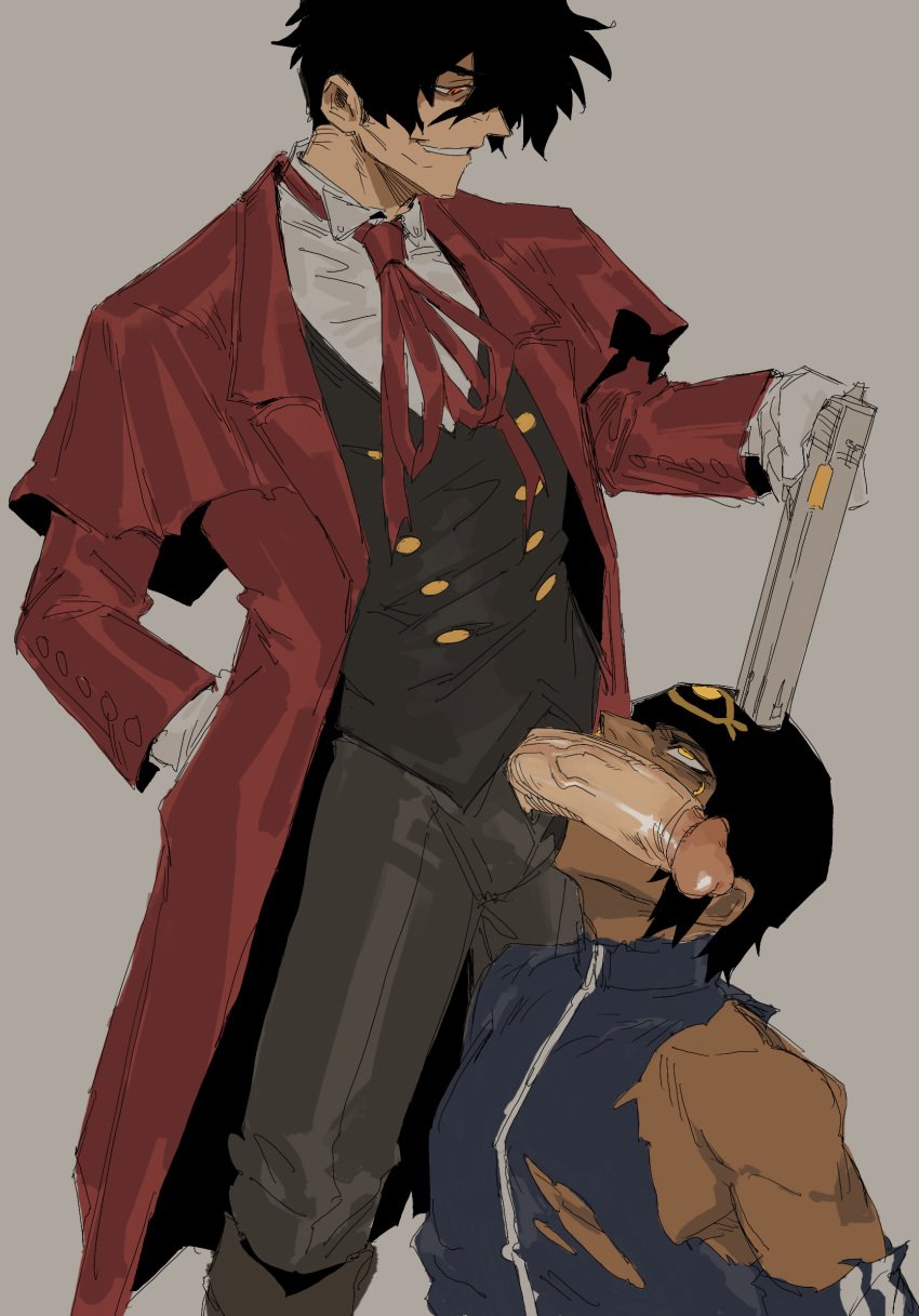 2boys alucard artist_request cock_against_cheek cock_out_of_pants dubious_consent erect_penis fully_clothed gay gay_blowjob gay_domination gay_male gay_sex gloves gun gun_play gun_to_head gunplay hellsing huge_cock huge_penis imminent_oral imminent_penetration imminent_sex jan_valentine large_cock large_penis male/male male_only male_penetrating_male nonconsensual oral oral_penetration oral_rape oral_sex pants_open penis_against_face revolver smirk smirking smirking_at_partner suit veiny_penis yaoi