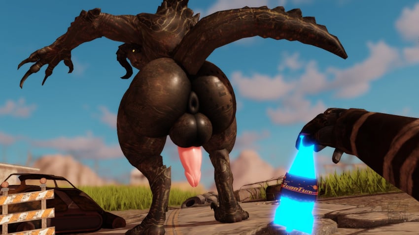 16:9 3d_(artwork) 5_fingers anthro anus ass balls big_balls big_butt big_penis biped black_claws brown_anus brown_balls brown_body butt_tattoo claws death deathclaw digital_media_(artwork) enclave_(fallout) enclaw_(willie_piv) fallout fingers first_person_view genitals glistening glistening_balls glistening_butt glistening_genitalia glistening_penis grass hi_res holding_object horn huge_butt long_horn long_tail looking_at_viewer looking_back male microsoft monster nude nuka-cola penis pink_penis plant presenting presenting_hindquarters puffy_anus pupils reptile road roblox scalie simple_background sky skyscape slit_pupils solo spikes standing star tail tattoo text watermark widescreen willie_piv yellow_eyes