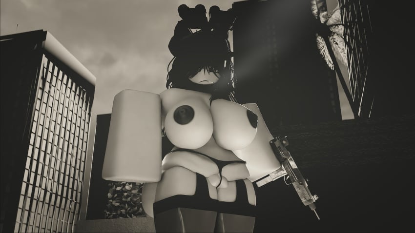 1girls 3d ass big_breasts breasts cigar cigarette_in_mouth dndoodle garter_straps gun looking_at_viewer night night_vision_goggles nipples outside pussy roblox roblox_avatar robloxian self_upload solo stockings tagme thighs thong weapon