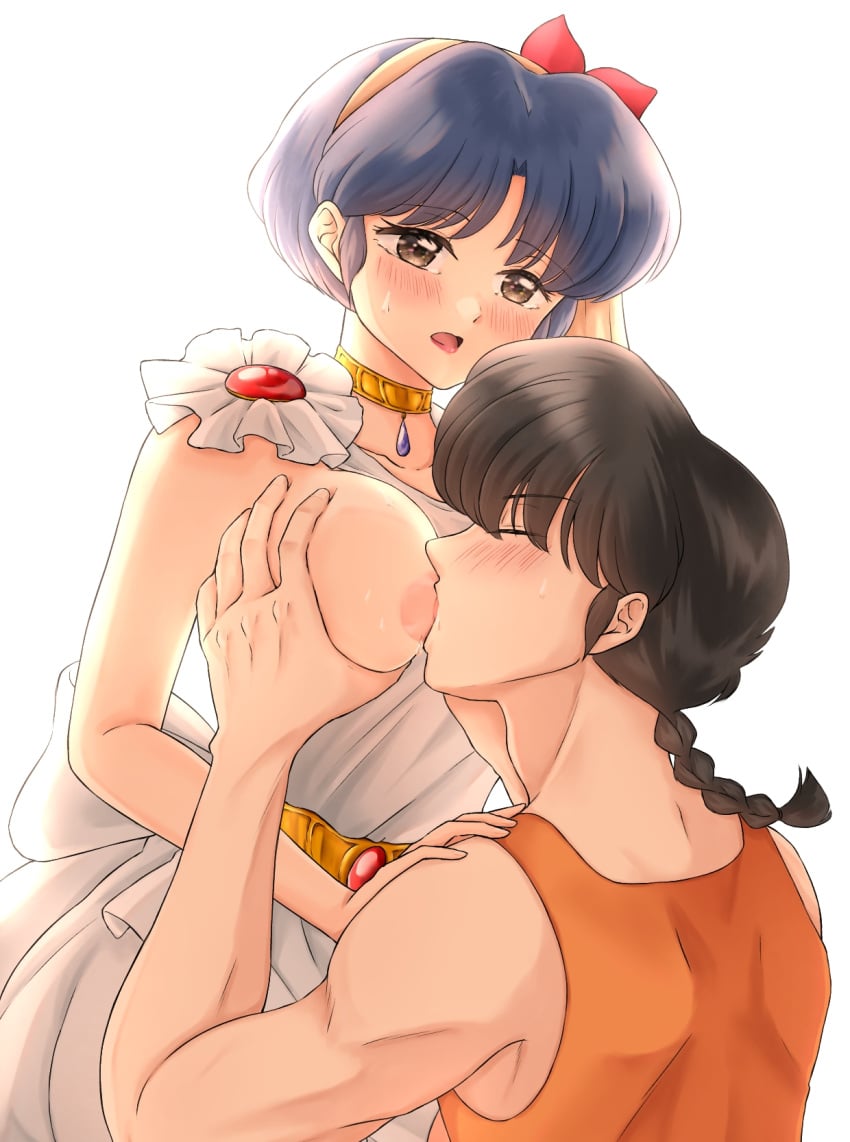 1boy akane_tendo big_breasts blue_hair blush blush_lines braid braided_ponytail breast_grab breast_hold breast_sucking breasts clothing dress female firm_breasts grabbing_another's_breast highres ibispaint_(medium) large_breasts one_breast_out ranma_1/2 ranma_saotome romantic_couple short_hair simple_background straight white_background white_dress yuzukawa_ryo