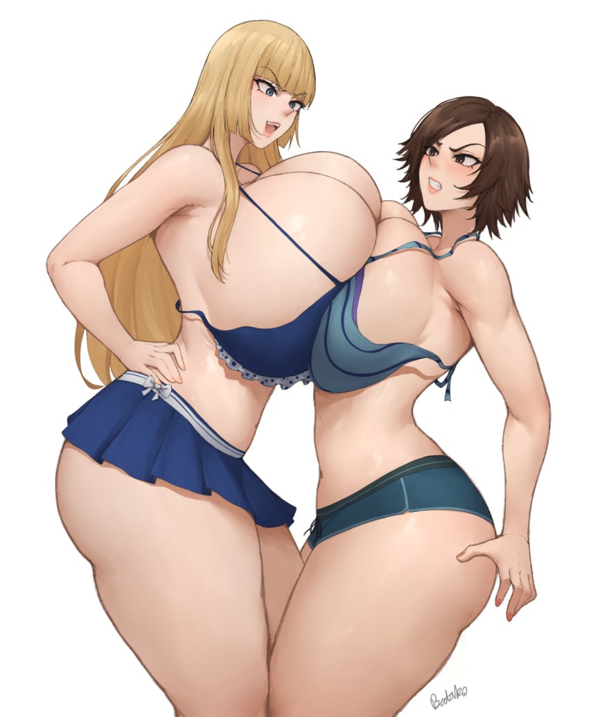 2d 2girls alternate_breast_size artist_name artist_signature asuka_kazama bandai_namco bangs bare_shoulders batako big_ass big_breasts bikini_skirt bikini_top blonde_hair blue_eyes blush breast_press breast_size_difference breast_to_breast breasts breasts_bigger_than_head breasts_pressed_together brown_eyes brown_hair brunette_hair cleavage duo emilie_de_rochefort female female_only gritted_teeth hand_on_hip height_difference hips kazama_asuka long_hair looking_at_each_other looking_at_partner nail_polish namco narrowed_eyebrows open_mouth orange_nail_polish orange_nails pink_nail_polish pink_nails short_hair shorts side_view sideass sideboob skirt smaller_female smaller_girl smile source standing swimwear swimwear_only taller_female taller_girl tekken thick_thighs thighs white_background wide_hips yuri