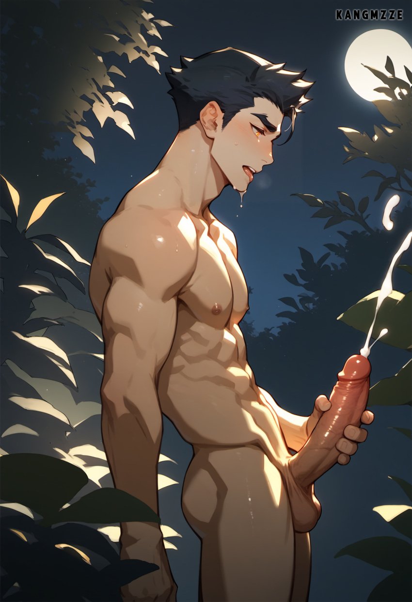 1boy ai_generated avatar_legends balls biceps big_penis brown_hair ejaculation gay kangmzze mako male male_only masturbation muscles muscular muscular_male nipples penis the_legend_of_korra thighs yaoi