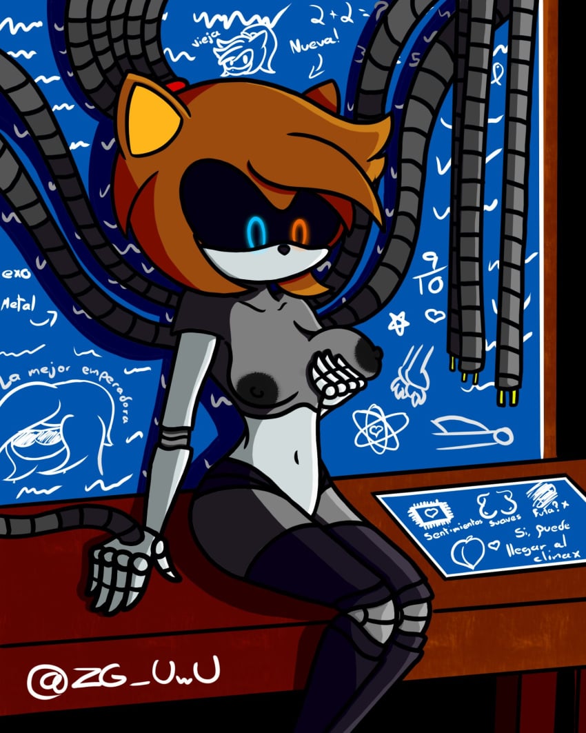 alissia_(zg_uwu) animal_ears artist_name big_ass big_breasts big_butt black_sclera blueprint english_text grabbing_own_breast heterochromia hi_res highres orange_hair original_character robot robot_girl robot_humanoid simple_shading spanish_text table text wire wires zg_uwu