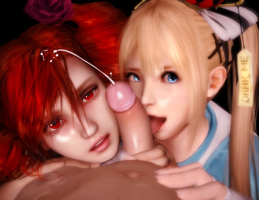 1boy 2girls 3d alice_in_wonderland alice_liddell_(cosplay) alternate_costume amy_sorel blonde_female blonde_hair blowjob blue_dress blue_eyes clothed clothing collaborative_fellatio cooperative_fellatio cosplay crossover cum cumming dead_or_alive dead_or_alive_5 dress drill_hair ejaculation erection eyelashes fellatio female ffm_threesome fingerless_gloves flower gloves hair_flower hair_ornament hair_ribbon hand_on_another's_stomach handjob highres licking licking_penis long_hair looking_at_viewer male male_pov marie_rose mrstranger multiple_girls navel nude_male_clothed_female open_mouth oral parted_lips partial_male penis pink_lips pov red_eyes red_hair ribbon rose soul_calibur stomach teamwork threesome tongue tongue_out twin_drills twintails white_gloves white_ribbon x_hair_ornament xnalara