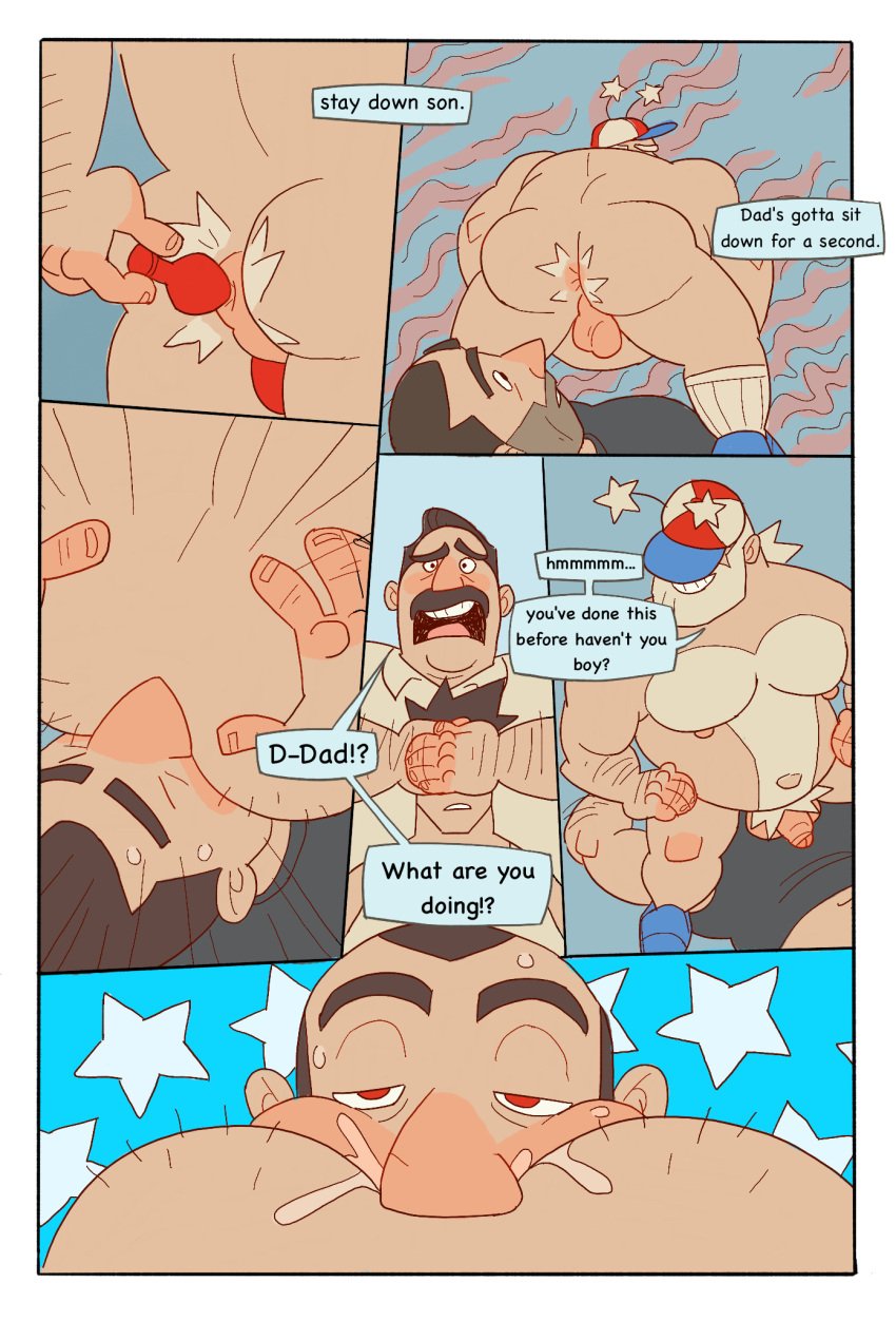 4th_of_july anal balls beard body_hair bunbunny_(artist) comic eating_ass facesitting facial_hair father_and_son flaccid gay incest male male/male male_only mind_control nude outdoor_nudity outdoor_sex outdoors penis rimming smallsrabbit speech_bubble