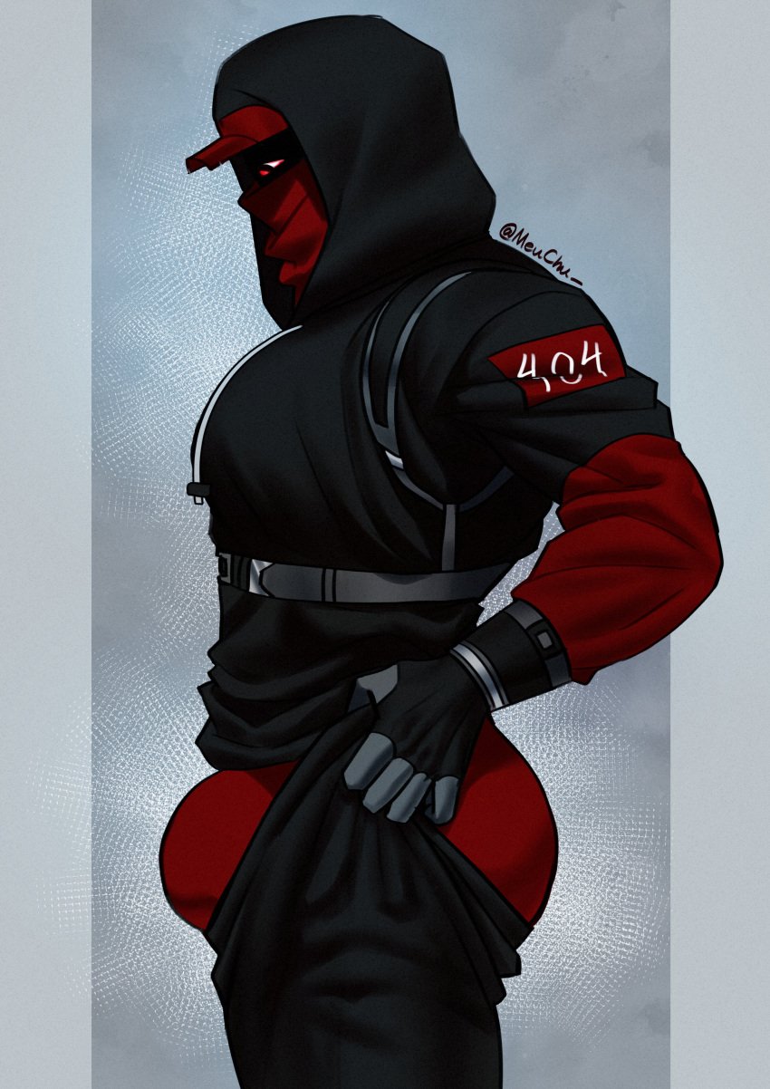 artist=meuchu artist_request black_hoodie black_legwear black_pants cap completely_clothed concealed_face fully_clothed gloves hood_up hoodie hoodie_up meme monster_boy monsterxmediator nauseaxe_404 no_hair no_humans non-human one_eye_obstructed red_bandana red_eyes red_hat red_sleeves red_underwear solo solo_focus solo_male stalker tall tall_male taller_male techwear