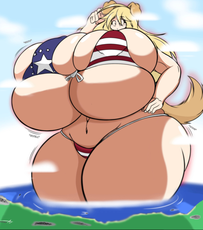 american_flag_bikini big_breasts bikini blonde_hair callsignarcher1 character_request female giant_breasts giantess huge_breasts large_breasts tagme tagme_(character) twitter_link