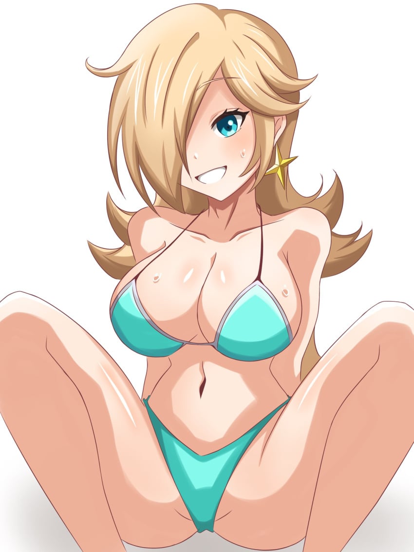 aqua_bikini arms_behind_back bare_shoulders blonde_hair blue_eyes feet_out_of_frame female hair_over_one_eye large_breasts legs_spread looking_at_viewer mario_(series) navel nintendo princess_rosalina simple_background sitting smile super_mario_bros. super_mario_galaxy teeth wet white_background yassrosalina