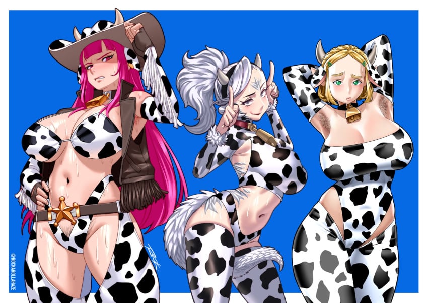 2024 2d 2d_(artwork) 3girls blonde_female blonde_hair bodily_fluids breath_of_the_wild character_request cow_print cowboy_hat cowgirl cowgirl_outfit female high_resolution highres hololive hololive_english hololive_myth humanoid light-skinned_female light_skin long_hair mori_calliope nintendo pink_hair princess_zelda pubic_hair rockaroll sweat sweaty the_legend_of_zelda trio virtual_youtuber white_hair zelda_(breath_of_the_wild)