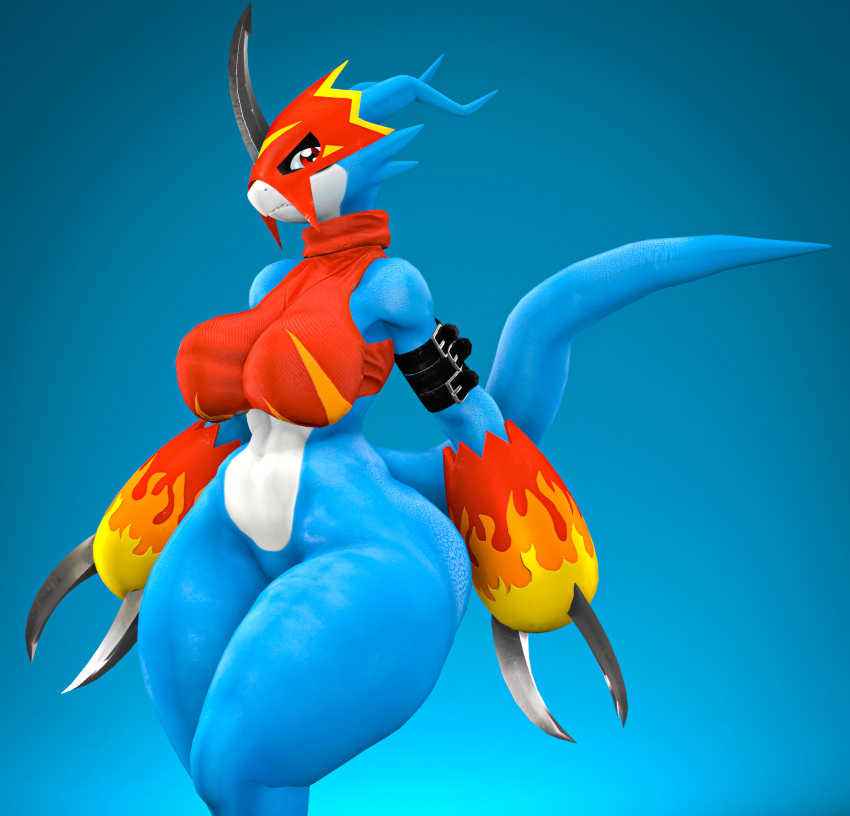 3d_(artwork) anthro armor ass bandai_namco belly big_breasts big_butt blue_body blue_skin breasts claws clothed clothing digimon digimon_(species) digital_media_(artwork) dragon fangs female flamedramon hi_res horn long_tail lostworkszx mammal mythological_creature mythological_scalie mythology partially_clothed red_eyes reptile scalie simple_background source_filmmaker_(artwork) straps tail teeth thick_thighs white_belly