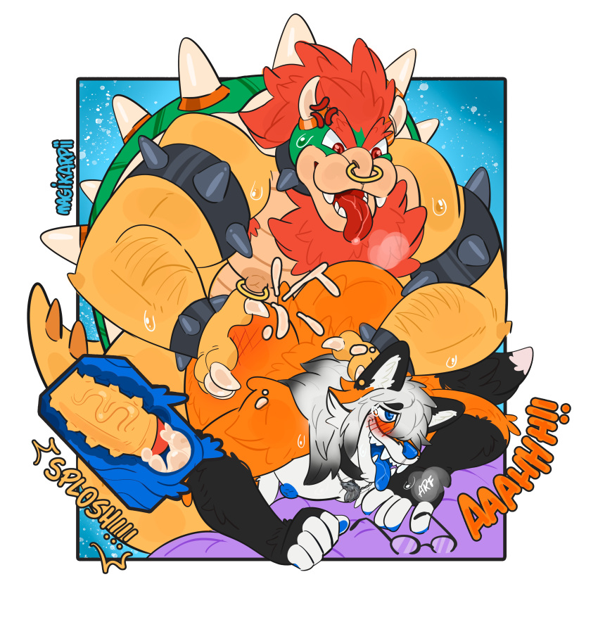 2boys absurd_res anal anal_sex angry_face anthro barazoku big_muscles bodily_fluids bowser canid canine cum digital_media_(artwork) dragon duo fox furry furry_only gay genital_fluids genitals hi_res koopa magikarpii male male/male male_penetrated male_penetrating mammal mario_(series) muscular mythological_creature mythological_scalie mythology nintendo nipples penetration penis scalie sex simple_background smile