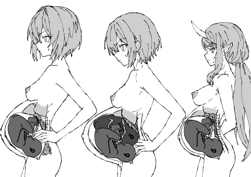 3girls anatomy ange_katrina breasts cross_section female fetus horns intestines long_hair monochrome mupe_ex nijisanji nipples pointy_ears pregnant pregnant_with_multiples pregnant_with_twins rindou_mikoto short_hair spinal_cord spine umbilical_cord uterus virtual_youtuber x-ray yuhi_riri