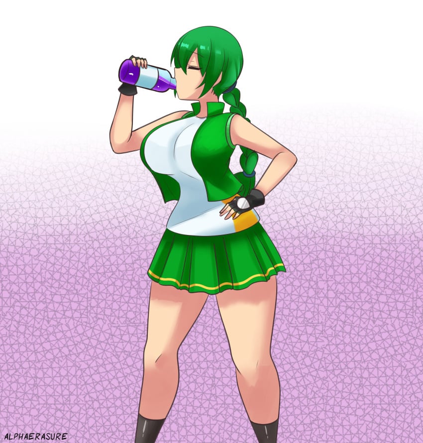 1girls alphaerasure body_expansion bottle braid braided_hair braided_ponytail drinking glass gloves green_clothing green_hair green_jacket green_skirt jacket laura_brooklyn light-skinned_female light_skin long_hair nipples solo_female white_topwear yellow_skirt