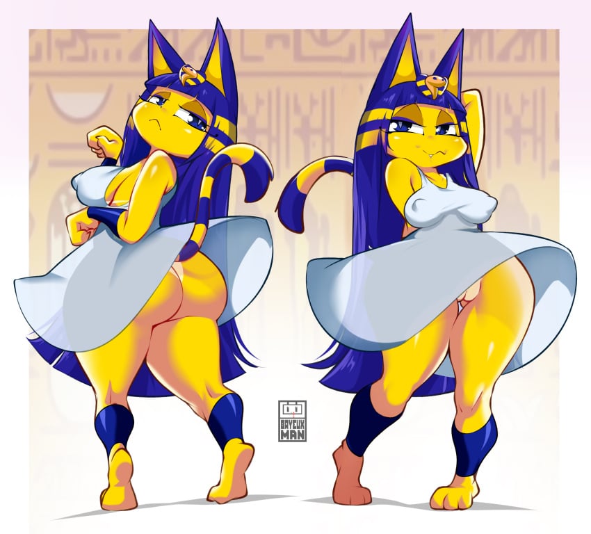 animal_crossing ankha arm_above_head ass big_ass bottomless breasts byxmarts dress egyptian feline female nintendo nipple_bulge oerba_yun_fang pussy tanline video_games