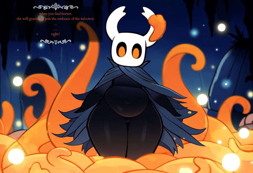 absurd_res ai_generated anthro arthropod beetle cloak clothing elateroid firefly hellsonger hellsonger_hollow_knight_ai_art hi_res hollow_knight horn insects looking_at_viewer navel night outside protagonist_(hollow_knight) solo tagme team_cherry text the_infection_(hollow_knight) thick_thighs vessel_(species) wide_hips