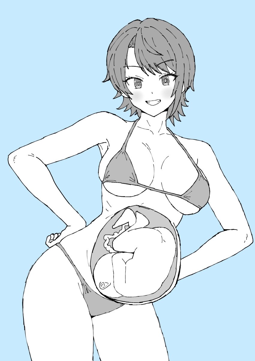 1girls bikini breasts female fetus hands_on_hips hololive legs_together monochrome mupe_ex oozora_subaru pregnant ready_to_pop short_hair smile umbilical_cord virtual_youtuber wide_hips x-ray