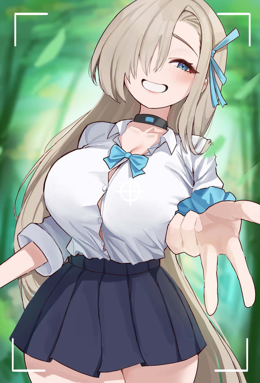 absurdres asuna_(blue_archive) black_skirt blue_archive blue_eyes blue_ribbon blue_scrunchie blush breasts brown_hair button_gap clenched_teeth commentary female fluffyebi01 hair_over_one_eye hair_ribbon highres large_breasts long_hair looking_at_viewer no_halo pleated_skirt ribbon school_uniform scrunchie shirt skirt smile solo symbol-only_commentary teeth very_long_hair wrist_scrunchie