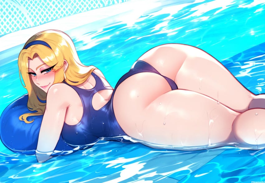 1female 1girls ai_generated anemoi ass ass_focus back_view big_ass big_butt blonde_hair blue_eyes blush blushing_at_viewer breasts female female_only from_behind headband headwear laying_down laying_on_stomach league_of_legends looking_at_viewer looking_back luxanna_crownguard one-piece_swimsuit pawg pool riot_games side_view sideboob solo solo_female solo_focus swimsuit swimwear thick_thighs thighs water wet_body wet_skin