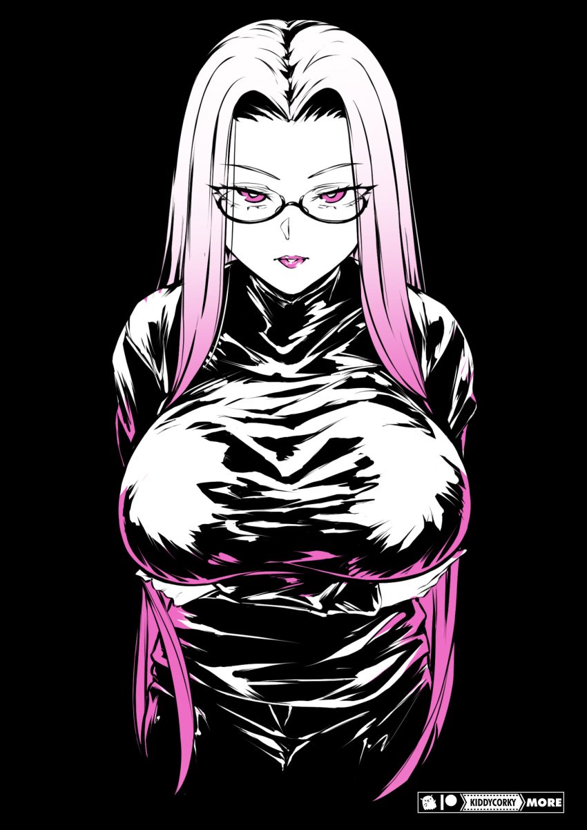 breasts crossed_arms fate/grand_order fate/stay_night fate_(series) female glasses kiddycorky large_breasts lipstick long_hair looking_at_viewer makeup medusa_(fate) purple_eyes purple_hair solo sweater turtleneck very_long_hair