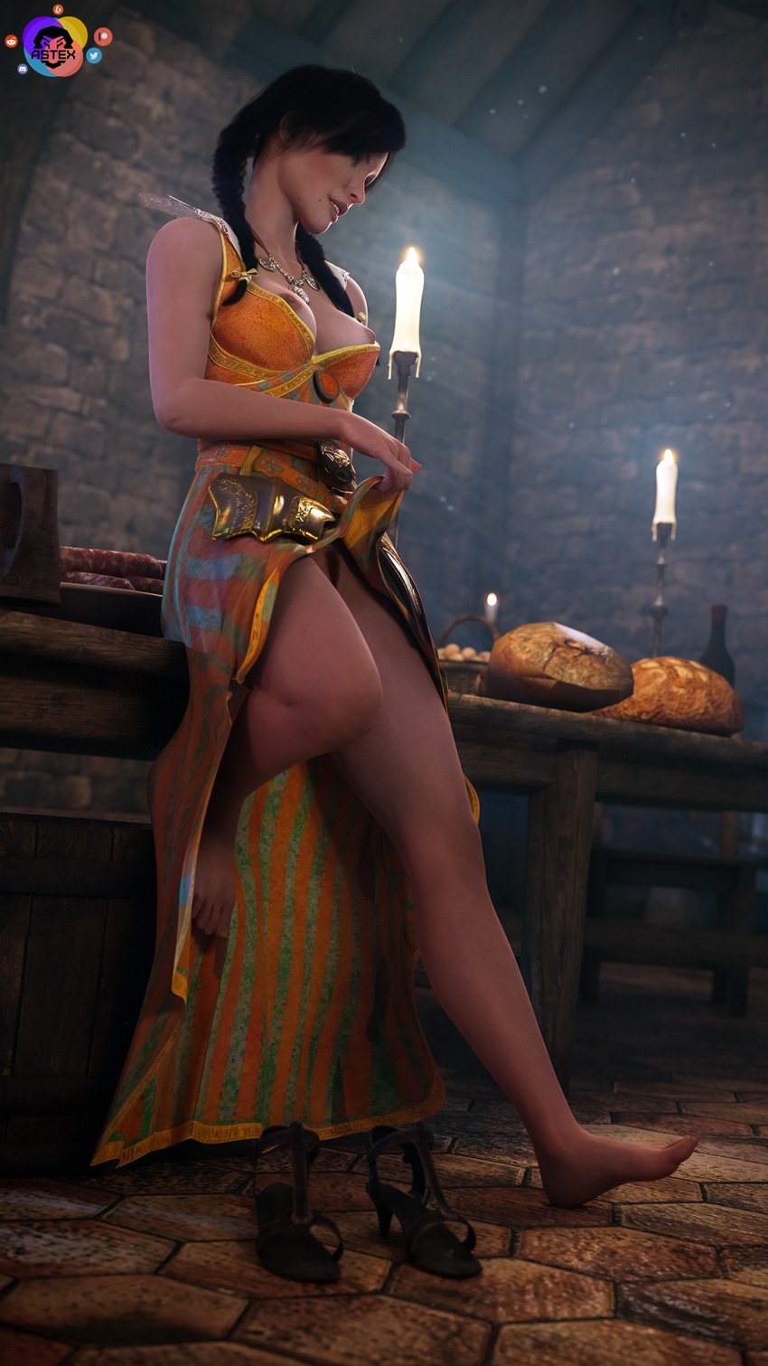 1girls 3d astex breasts breasts_out dark_hair dress eyes feet female female_only flashing flashing_pussy lifting_dress mole philippa_eilhart pubic_hair pussy smiling solo solo_female teasing the_witcher_(series) toes twintails