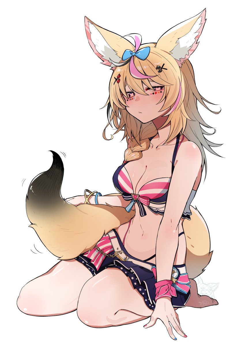 1girls animal_ears bikini blonde_hair blush cleavage female fluffy_tail full-face_blush heart-shaped_pupils hololive hololive_gen_5 hololive_japan looking_at_viewer omaru_polka skirt solo sui_hi_sf tail thick_thighs thighs virtual_youtuber