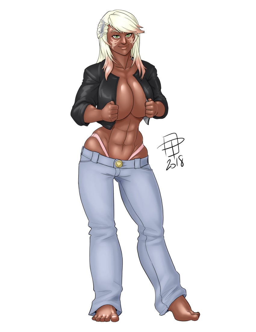 1girls 2018 abs barefoot blonde_hair breasts callmepo cleavage clothed clothing dark-skinned_female dark_skin erilsa_(leadleaf) female female_only final_fantasy final_fantasy_xiv green_eyes highleg_panties huge_breasts jeans leather_jacket lowleg_pants mole mole_under_mouth no_bra pink_panties roegadyn solo thong