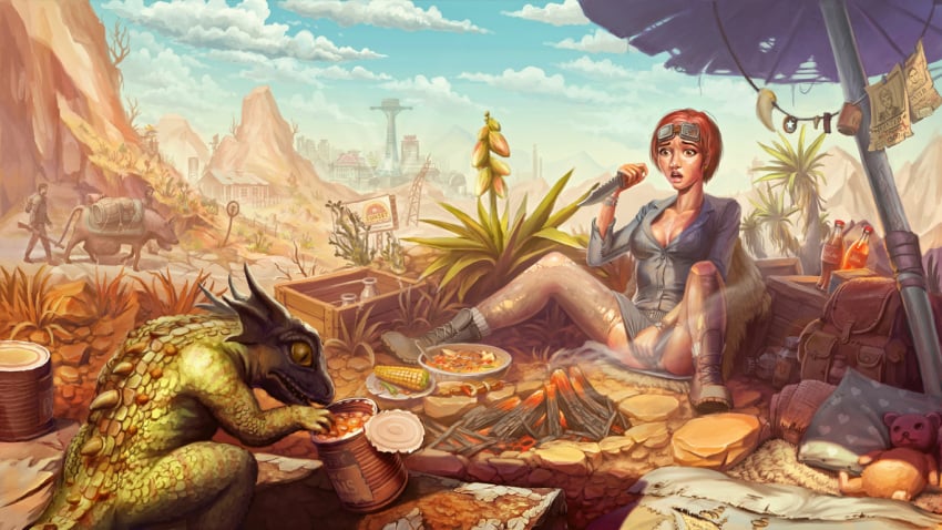 1girls ambiguous_gender beans blue_star_bottlecap bottlecap brahmin breasts brown_eyes brown_hair camp campfire canned_food cleavage clothed corn covering earrings fallout fallout_new_vegas female feral food gecko gecko_(fallout) goggles goggles_on_head gun human knife medium_breasts nuka-cola panties red_hair scalie scerg shish_kebab short_hair shotgun siserg sitting spread_legs teddy_bear torn_clothes torn_legwear weapon yucca