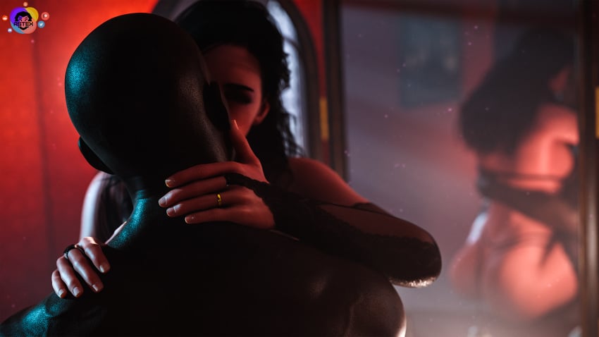 1boy 1girls 3d ass ass_grab astex black_hair carrying carrying_partner closed_eyes dark-skinned_male dark_skin embrace female interracial kissing kissing kissing_while_penetrated lingerie male sex the_witcher_(series) vaginal_penetration vaginal_penetration yennefer