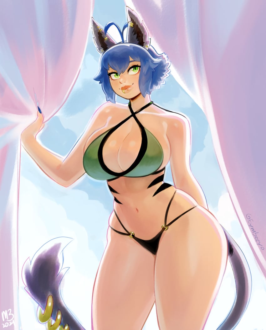 1girls ahoge azumi_haruki big_breasts bikini blue_hair cat_ears cat_tail catgirl earrings eymbee female female_only green_eyes hi_res looking_at_viewer slit_pupils smiling smiling_at_viewer solo tail tail_ring thick_thighs wide_hips