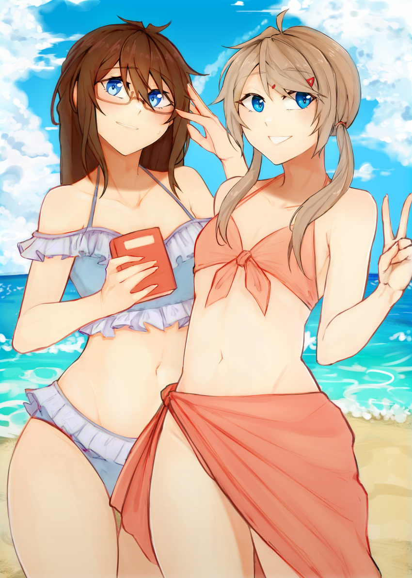 1boy 1girls beach bikini blue_eyes brown_hair crossdressing drawgach female femboy glasses hair_between_eyes hairclip original peace_sign sarong seaside swimsuit twintails