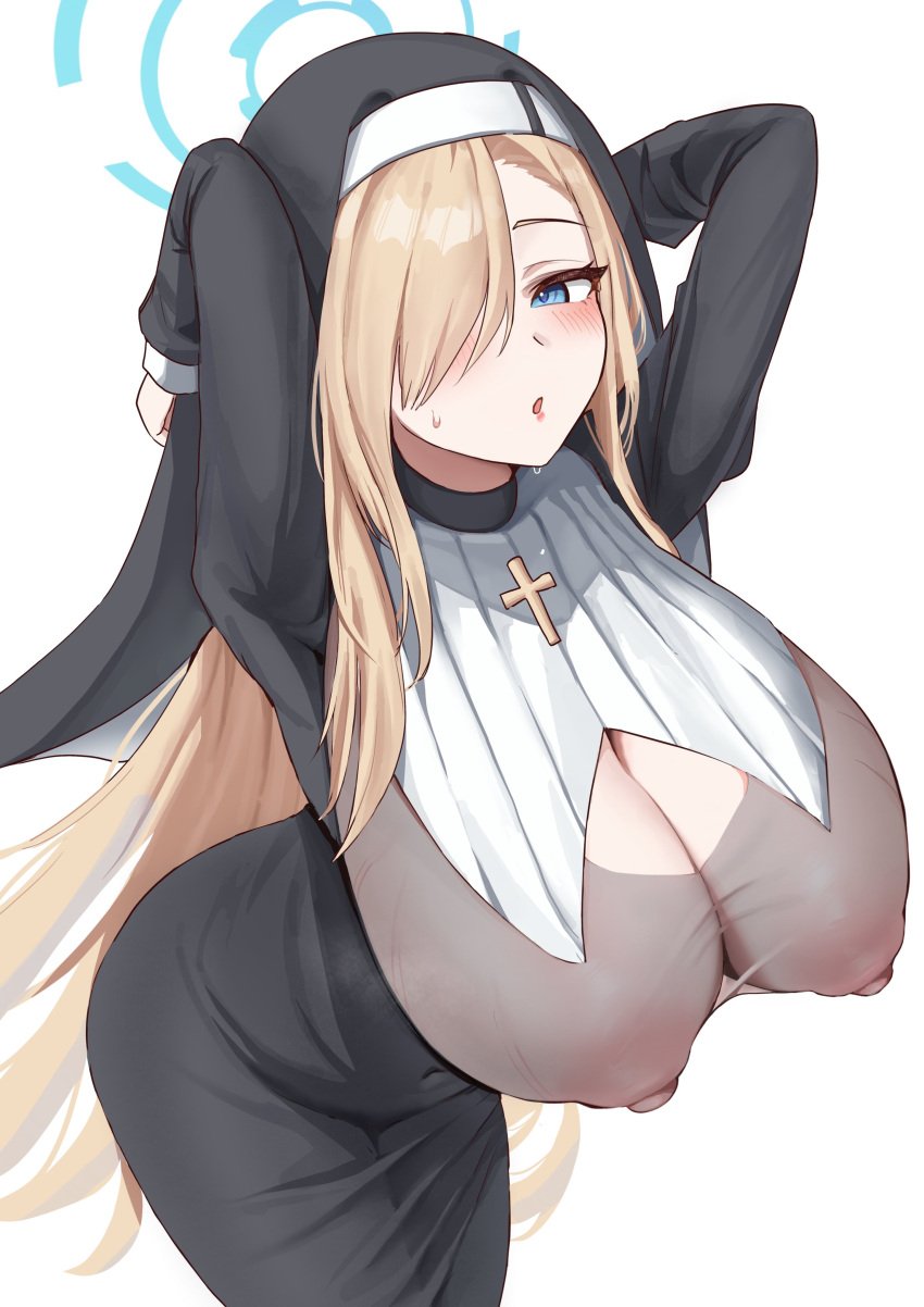 :o absurdres alternate_costume arms_behind_head asuna_(blue_archive) black_dress blue_archive blue_eyes blush breasts cleavage cleavage_cutout clothing_cutout covered_nipples cross dress english_commentary female fluffyebi01 habit hair_over_one_eye halo highres huge_breasts light_brown_hair long_hair looking_at_viewer nipples nun open_mouth see-through see-through_dress smile solo veil very_long_hair