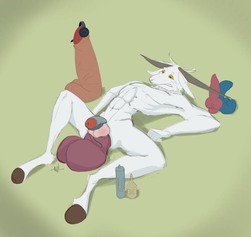 absurd_res anthro avi.possum balls big_balls big_penis bovid caprine dildo genitals goat hi_res huge_balls huge_cock humanoid_genitalia hyper looking_pleasured male mammal penis sex_toy solo solo_focus white_body