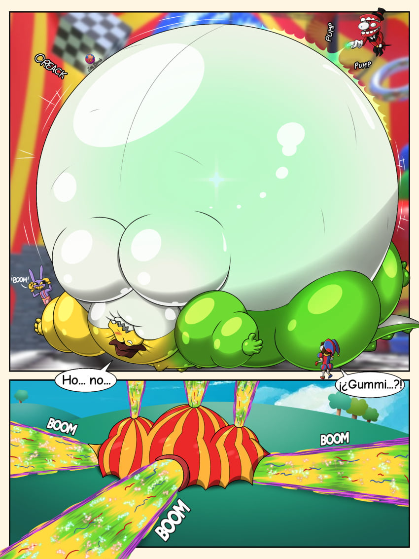 body_inflation canonical_scene circus funny gummigoo_(the_amazing_digital_circus) gummy_(food) inflation male male_inflation meme muscles pomni pomni_(the_amazing_digital_circus) popping scalie seathedragonbomb spanish_text the_amazing_digital_circus