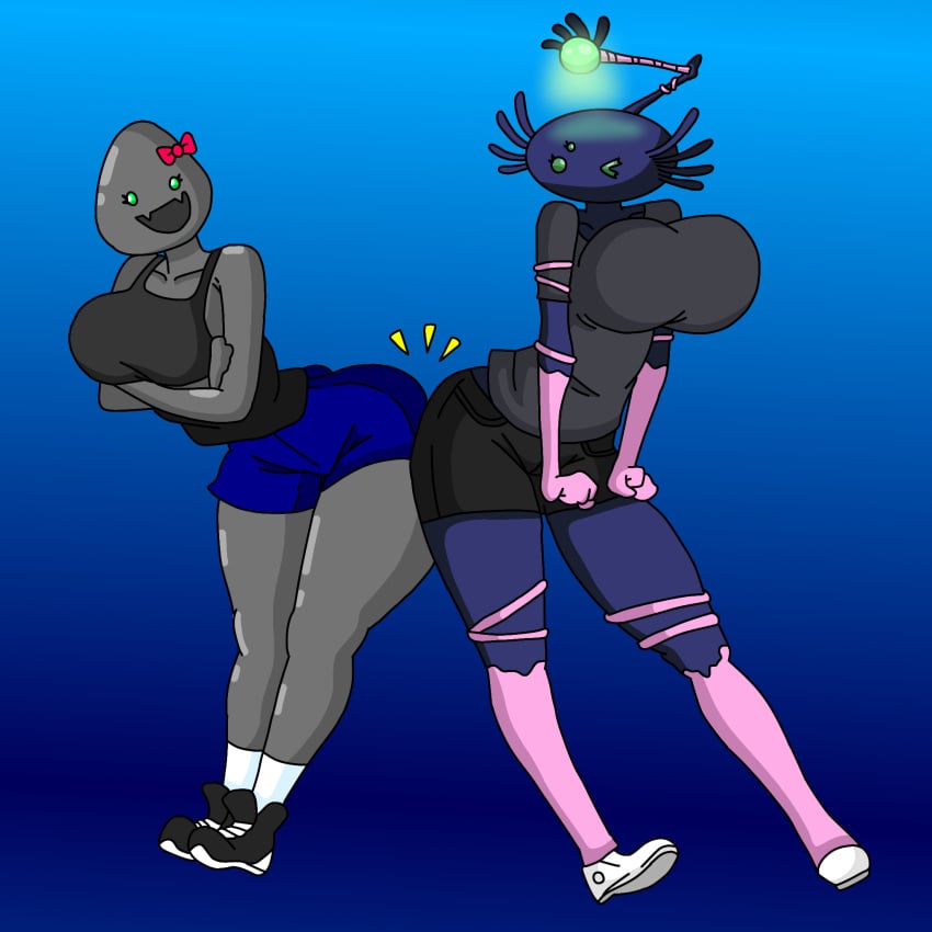 1monster 2girls anthro anthrofied ass-to-ass beady_eyes big_ass big_blue_bubble big_breasts black_shirt black_shoes black_shorts black_tank_top black_topwear blue_background blue_body blue_shorts body_markings bow breasts bumping_asses clothed crossed_arms dark_blue_body duo ethereal_workshop eyelashes fang fangs glowing glowing_orb gradient_background green_eyes grey_body happy hourglass_figure huge_breasts large_breasts looking_at_another monster monster_girl my_singing_monsters pentumbra pentumbra_shadow_(my_singing_monsters) pink_markings red_bow shadow_creature simple_background skin_fangs sneakers t-shirt tank_top white_shoes wink