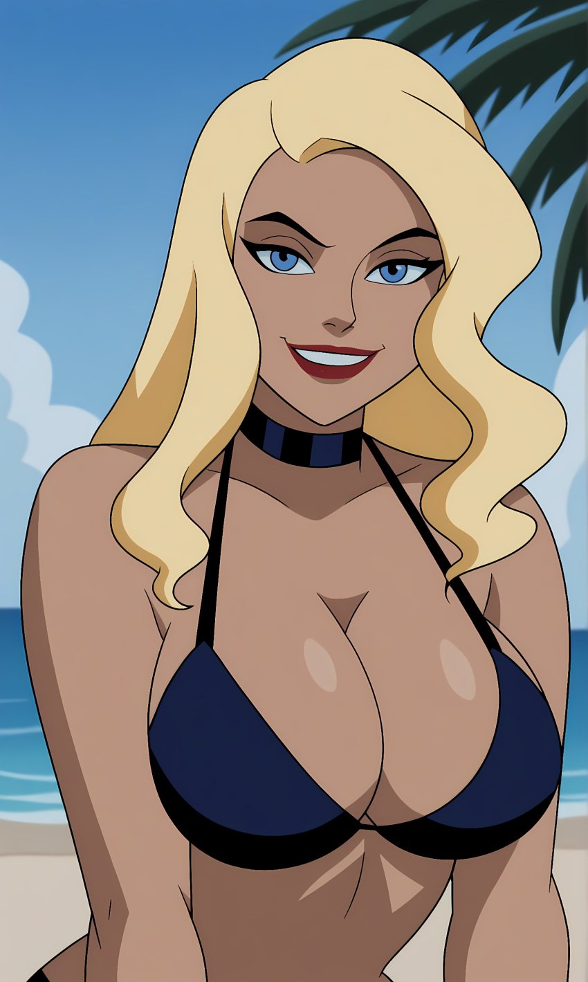 1girls ai_generated beach big_breasts black_canary black_canary_(dcau) blonde blonde_female blonde_hair blue_bra blue_eyes bonnieaiart bra breasts busty busty_female dc dc_comics dcau deviantart deviantart_link dinah_lance female female_only green_arrow_(series) heroine justice_league justice_league_unlimited large_breasts looking_at_viewer nai_diffusion red_lips red_lipstick smile smiling smiling_at_viewer solo stable_diffusion superheroine swimsuit tagme