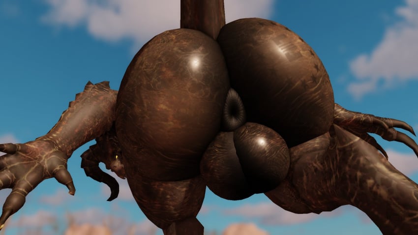 16:9 3d 3d_(artwork) 5_fingers anus ass balls big_balls big_butt black_claws brown_anus brown_body butt_shot butt_tattoo claws deathclaw digital_media_(artwork) enclave_(fallout) fallout fingers genitals glistening glistening_balls glistening_butt glistening_genitalia hi_res horn huge_butt long_horn looking_at_viewer looking_back male microsoft monster nude presenting presenting_hindquarters puffy_anus pupils reptile roblox scalie simple_background sky skyscape slit_pupils solo spikes star tail tattoo text widescreen willie_piv yellow_eyes