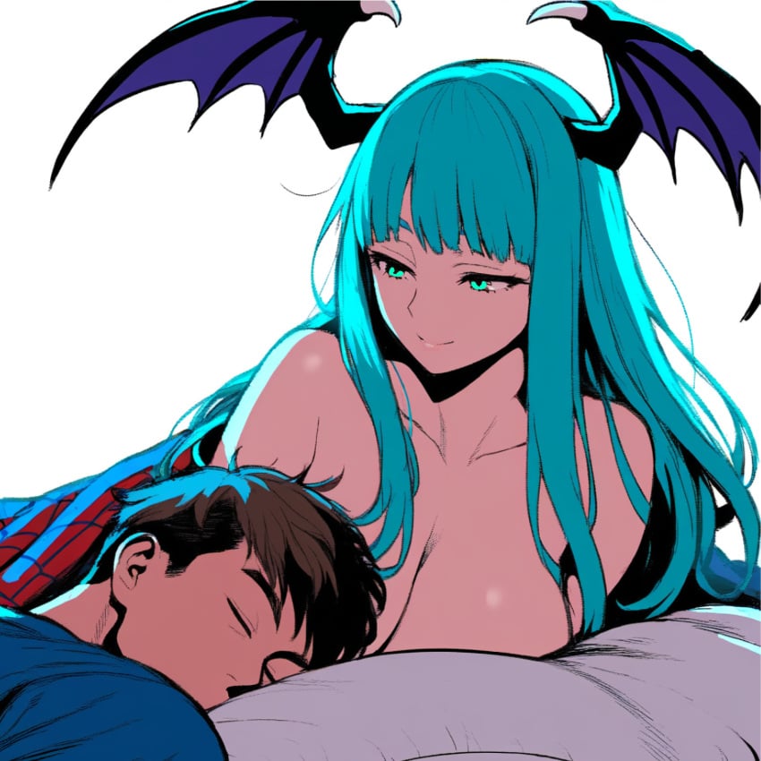 after_sex after_vaginal ai_generated bat_wings bed bed_hair bed_sheet big_breasts blanket breasts brown_hair capcom content content_smile couple couple_(romantic) couple_focus covered_nipples crossover cuddling curvaceous curvaceous_figure darkstalkers demon demon_girl demon_wings eastern_and_western_character fat_tits fucked_into_submission fucked_senseless fucked_to_exhaustion glowing_eyes happy happy_female happy_sex human human_male human_on_demon human_on_humanoid humanoid interspecies interspecies_sex large_breasts light-skinned_female light_skin long_hair looking_at_partner looking_down love male/female marvel marvel_comics marvel_vs._capcom messy_hair monster_girl morrigan_aensland naked peter_parker romantic romantic_ambiance romantic_couple saggy_breasts short_hair sleeping sleeping_nude sleeping_together smile smiling spider-man spider-man_(series) succubus succubus_wings teal_eyes teal_hair under_the_covers waking_up watching white_background wings_on_head