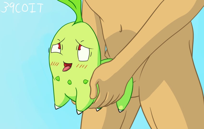 1boy 39coit ahe_gao ambiguous_gender blue_background chikorita digital_artwork_(media) dinosaur feet feral green_skin holding human interspecies larger_male male mammal nintendo pokémon_(species) poképhilia pokemon pokemon_gsc red_eyes scalie sex simple_background size_difference text tongue tongue_out video_games watermark