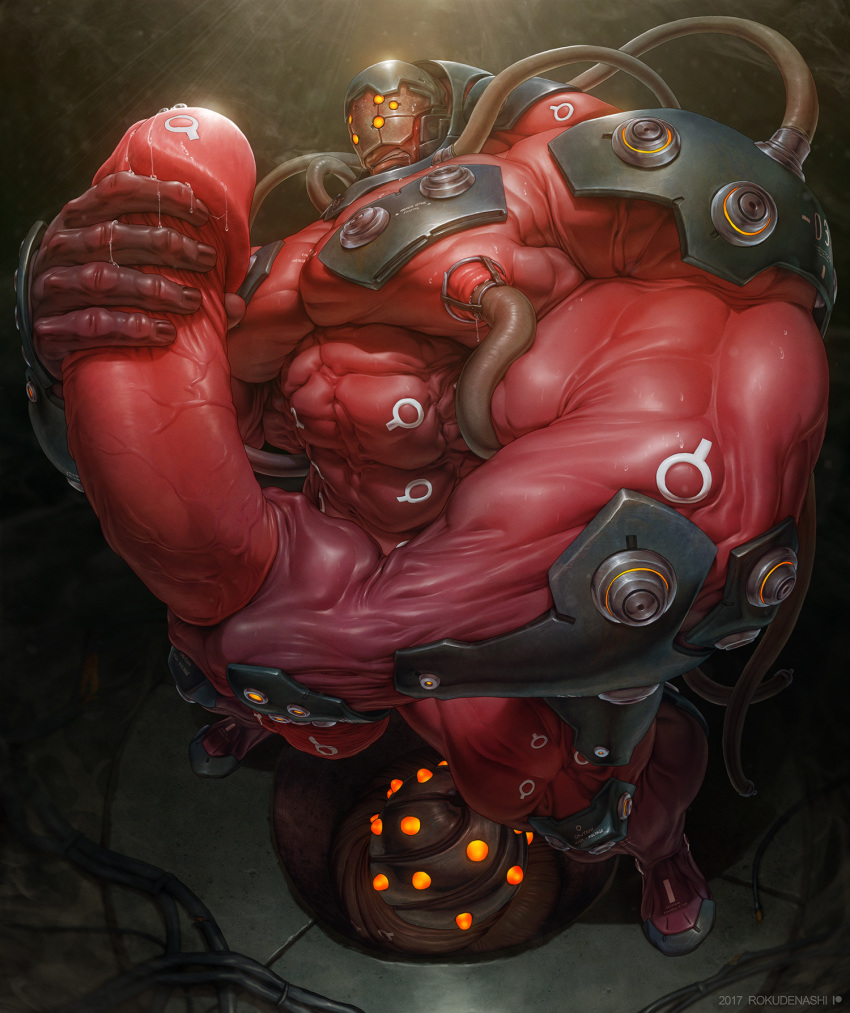 1boy balls big_penis erection gigas_(tekken) machine male male_only masturbation monster muscular nipple_play penis precum red_skin robot rokudenashi solo tekken tentacle video_games yellow_eyes