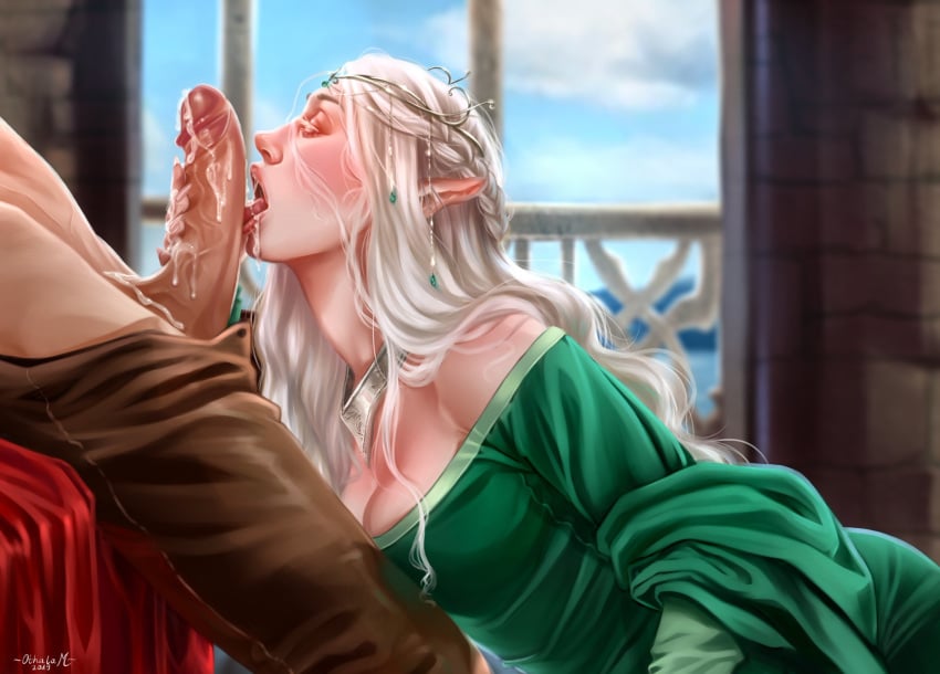 1boy 1girls cum cum_in_mouth cum_on_penis cum_volcano dress elf female hand_on_penis licking_penis male_human/female_elf othalam partially_clothed penis pointy_ears white_hair