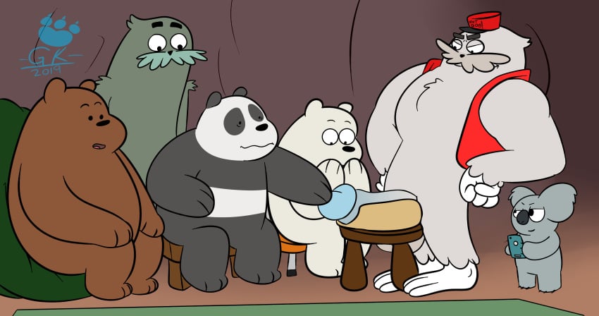 2019 absurd_res anthro belly brown_fur bunnybara cartoon_network charlie_(wbb) fur giant_panda green_fur grizzly_(wbb) group hat hi_res humanoid_hands humanoid_penis ice_bear koala male mammal marsupial nom_nom_(wbb) panda_(wbb) penis phone polar_bear ralph_(wbb) sitting slightly_chubby ursid ursine vombatiform we_bare_bears white_fur yaoi